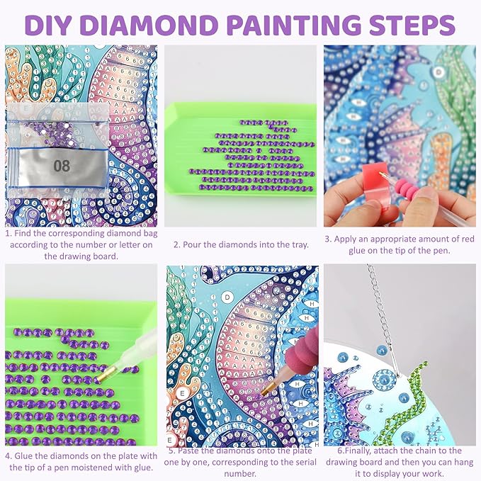 MEIYUDA Seahorse Diamond Art Hanging Kits for Adult, Shell Starfish Seahorse Diamond Painting Hanging Kits Ornaments, DIY Special Shaped Rhinestone Window Pendants Kit for Home Garden Wall Decor Gift