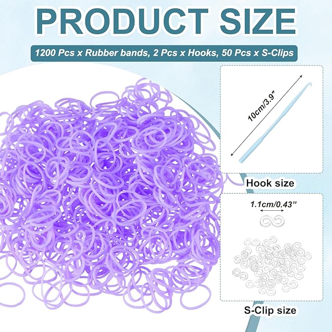 MECCANIXITY 1200 Pcs Loom Rubber Bands Kit with 50 Pcs S-Clips 2-Hooks Rubber Bands Refill Bracelet Making Kits for Weaving DIY Handcrafts Gift, Light Purple