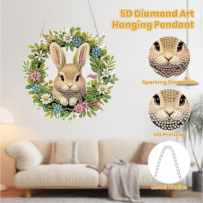 MOGTAA Easter Bunny Diamond Art Hanging Kits for Adults Beginners, Flwoers Landscape Diamond Art Suncatchers, 5D Special Shape Diamond Painting Window Pendant Kit for Home Garden Wall Decor