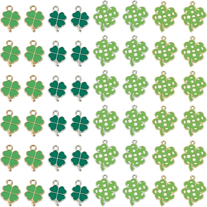 Cheriswelry 60Pcs Green Clover Charms Shamrock Four Leaf Lucky Pendants St. Patrick's Day Enamel Alloy Pendants 18-26mm for DIY Necklace Bracelet Earring Jewelry Crafts
