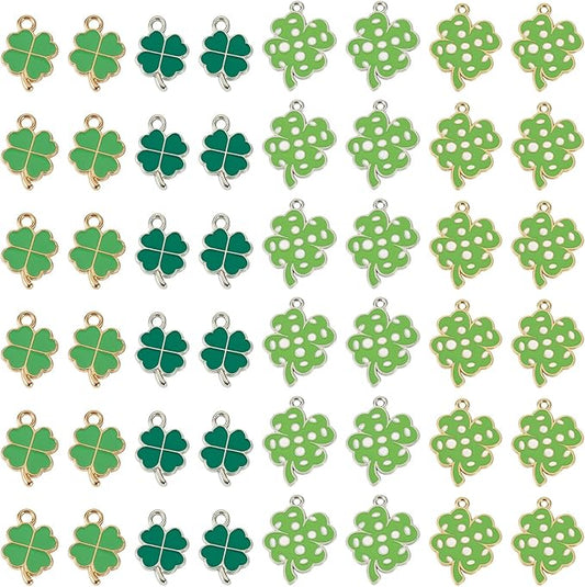 Cheriswelry 60Pcs Green Clover Charms Shamrock Four Leaf Lucky Pendants St. Patrick's Day Enamel Alloy Pendants 18-26mm for DIY Necklace Bracelet Earring Jewelry Crafts