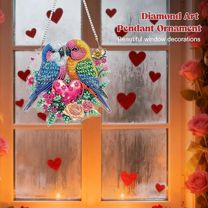 RICUVED Birds Diamond Art Hanging Kit for Adult, Special Shaped Diamond Painting Pendant Board Kit, Valentine's Day 5D Art Suncatchers Hanging Acrylic Window Ornament for Home Garden Decor