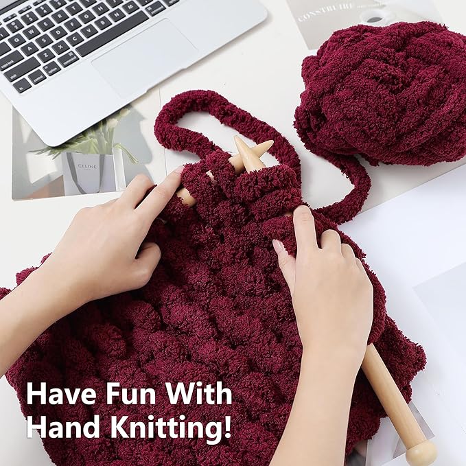Chunky Yarn for Hand Knitting - #10 Chunky Chenille Yarn, Jumbo Big Thick Chunky Yarns for Crocheting, Super Bulky Chunky Knit Blanket Yarns, 8 Skein (25 yds 8 oz Each Skein), Burgundy