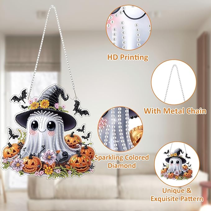 SENQAO Ghost Diamond Art Hanging Kits for Adults Kids, Acrylic Diamonds Painting Pendant Board Kits Halloween, Diamond Art Painting Window Pendants Home Garden Wall Hanging Kits Hanging Ornament