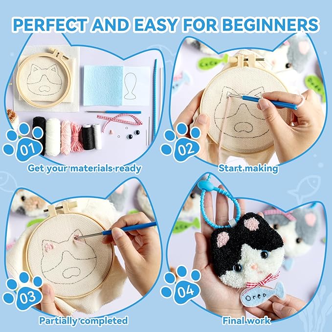 Punch Needle kit Adults for Beginners-4,Embroidery kit for Beginners, Includes All Tools and Materials,Easy to Follow Instructions and Videos-Cat Family