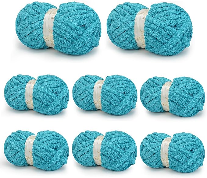 Chunky Yarn for Hand Knitting, Chunky Chenille Blanket Yarn for Crocheting, Bulky Soft Fluffy Chenille for Blanket Project, 8 Pack of 8oz/25yds, Peacock Blue