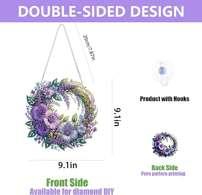 Eiflow Spring Diamond Art Hanging Kit for Adults, DIY Diamonds Painting Door Hanging Board Kit, Special Crystal Diamond Art Painting Pendant Ornament (Flower Wreath)