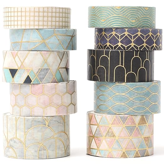yubx creative washi tape set 10 rolls gold foil print decorative masking tapes for arts, diy crafts, journals, planners, scrapbook, wrapping (geometric order)