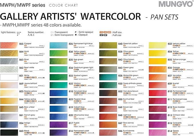 Mungyo Professional Half Pan Size Water Colors Set in Tin Case/Integral Mixing Palette in The lid (48 Colors)
