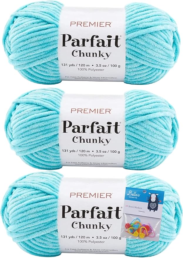 Premier Yarns Parfait Chunky Chenille Yarn 3.5 Oz 6 Super Bulky Weight 3 Pack Bundle with Bella's Stitch Place Holders (Turquoise)
