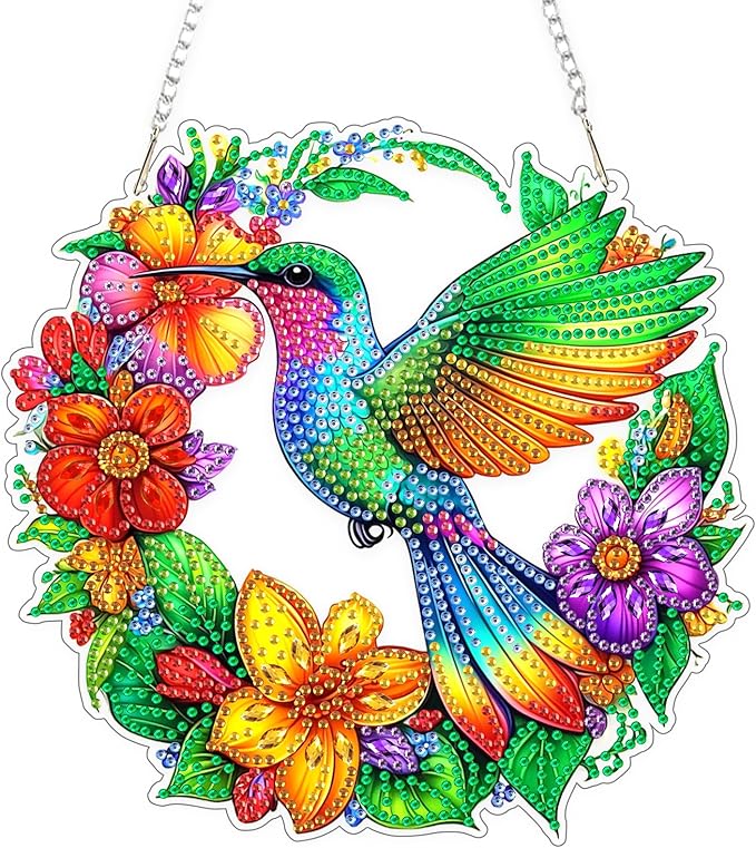 TOSTOG Hanging Diamond Art Kits for Adults, Colorful Hummingbird Diamond Paintings for Adults, Diamond Art Kits Window Pendant, 5D Diamond Paintings Hanging Pendant Kit Gem Painting Wall Decor Gift
