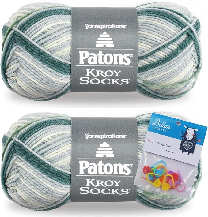 Patons Kroy Socks Yarn 2-Pack Bundle with Bella's Crafts Stitch Markers (Landscape Stripes)