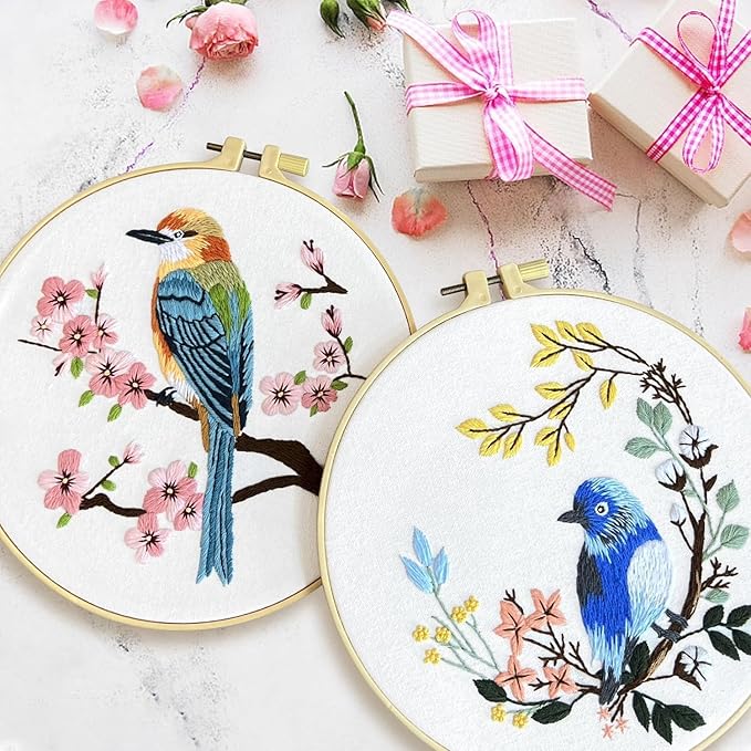 ERKOON 4 Sets Embroidery Kit for Beginners,Hummingbird and Flower Cross Stitch Set for Include Embroidery Cloth Hoops Threads for Craft Lover Hand Stitch (Flowers and Birds)