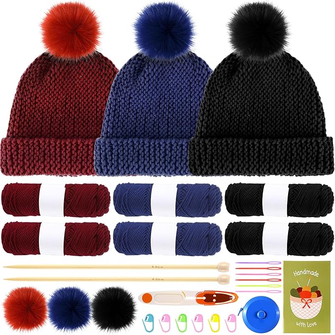 Syhood Knitting Kits for Beginners Adults Hat Knit Kit with Yarn, Bamboo Needles, Faux Pom Practical and Easy to Use Complete Beginners for Women and Men Lovely Present (Black, Burgundy, Navy Blue)
