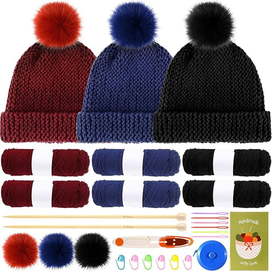 Syhood Knitting Kits for Beginners Adults Hat Knit Kit with Yarn, Bamboo Needles, Faux Pom Practical and Easy to Use Complete Beginners for Women and Men Lovely Present (Black, Burgundy, Navy Blue)