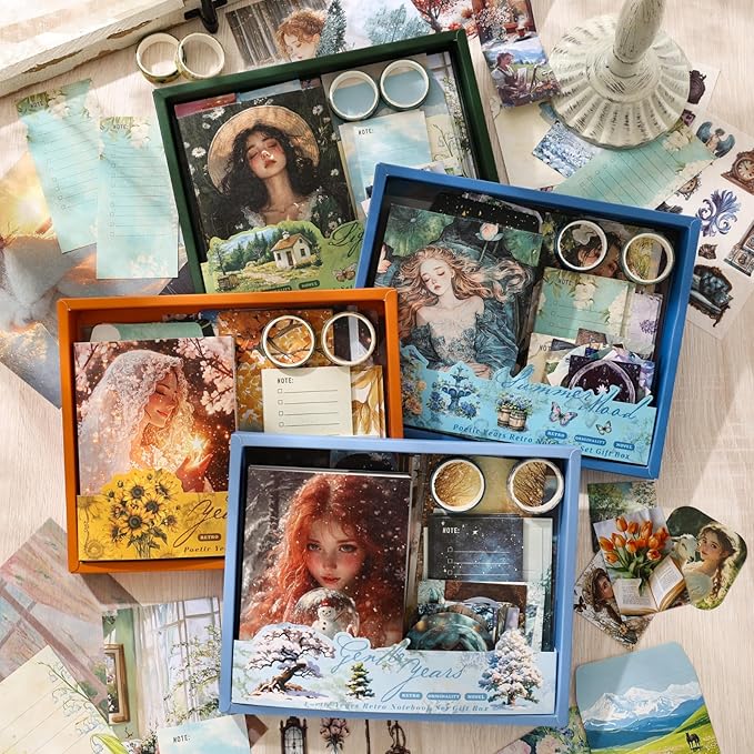 Cullevo Vintage Scrapbooking Kit – Dreamy Dawn Edition, 124 PCS Scrapbook Supplies with Washi Tape, Stickers, A6 Grid Notebook for DIY Bullet Journaling & Planner Crafts Gift for Girls Women