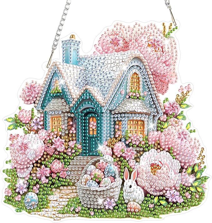 NAIMOER Easter House Diamond Art Hanging Kits for Adults, 5D Special Shaped Rhinestone, DIY Acrylic Spring Diamond Art Painting Window Pendants Home Garden Wall Hanging Ornament Kits, Double Sided