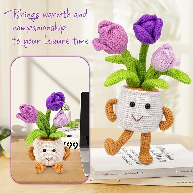 Nitlak Crochet Kit for Beginners, Tulip Potted Beginner Crochet Kit for Adults Kids Women Men, Crochet Starters Kit with Step-by-Step Video Tutorials, Complete Crochet Accessories for DIY Craft