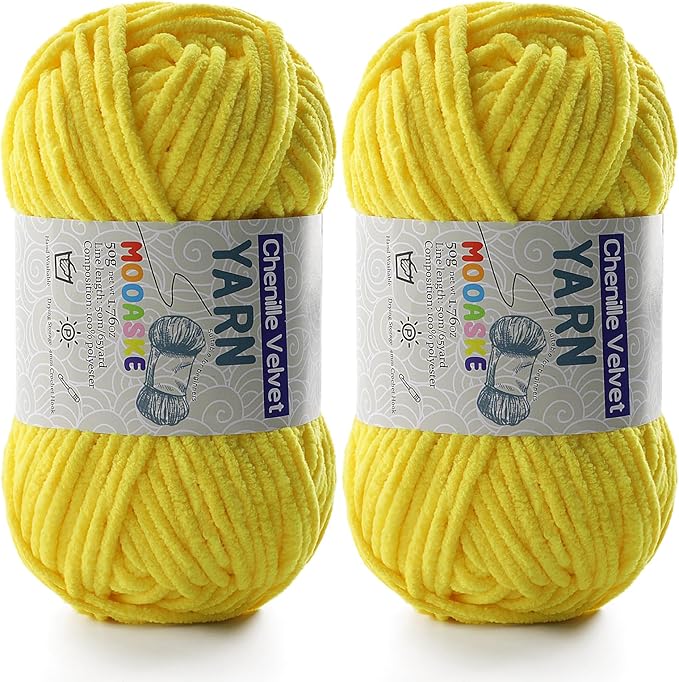 Chenille Yarn for Crocheting - Soft Blanket Yarn - 50g/1.76oz, 60m/65yard (Yellow)