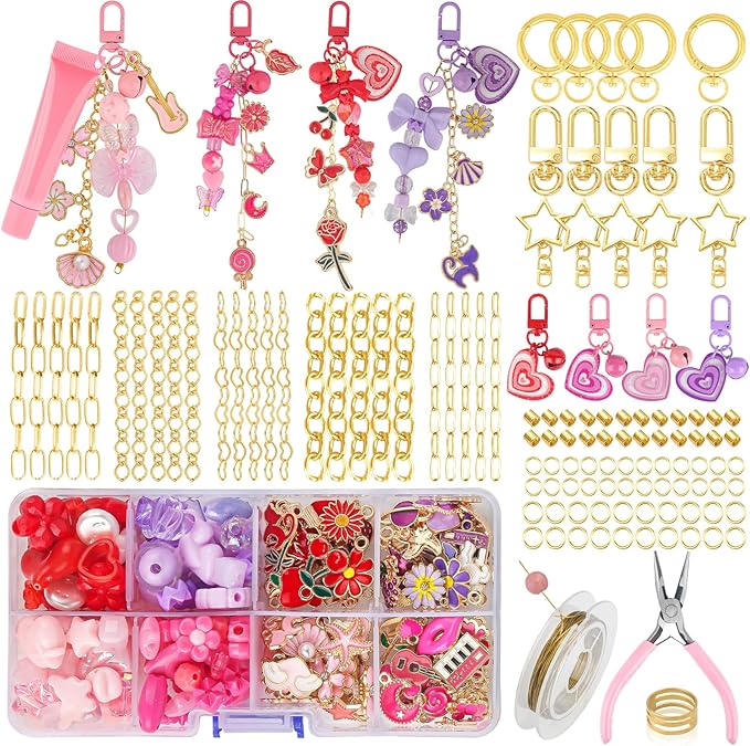 Ecoofor 458 Pcs Keychain Making Kit — Includes 19 Keychain Clips, 25 Extender Chains, 80 Charms, Beading Accessories, Jewelry Pliers — DIY Bag Charms & Jewelry Craft Kit Supplies