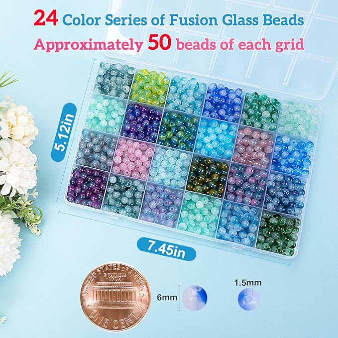 XSEINO About 1200+ pcs 6mm Glass Beads Bracelet Making Kit, 24 Assorted Blue Bi-Color Fusion Series Crystal Beads for Jewelry Making, DIY Crafts, Friendship Bracelets