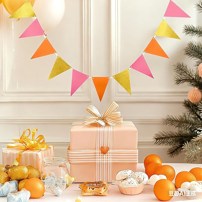 Hot Pink Orange and Gold Pennant Banner Paper Bunting Hanging Decoration for Graduation Birthday Autumn Fall Groovy Theme Party, Pack of 30 Counts Pennant, 20 feet
