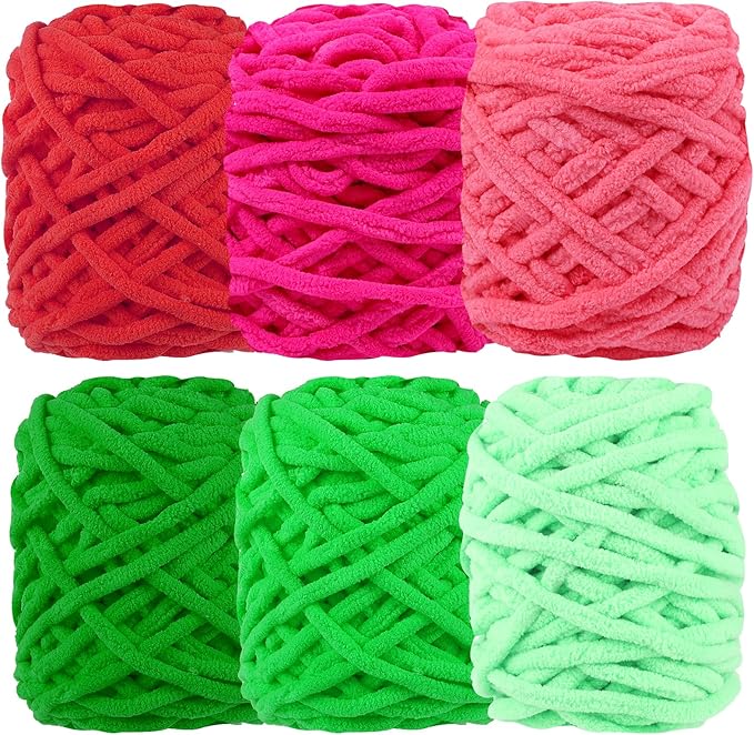 WSICSE Red Green Chenille Yarn, Thick Chunky Fluffy Blanket Yarn for Crocheting Plush Soft for Knitting DIY Easter Decor Gifts, 6 Pack 100g Each 3.5 oz 55 Yards
