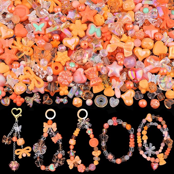 200-260pcs tinkrstuff assorted acrylic beads orange cute beads for bracelet making, bow aesthetic gummybear flower candy butterfly kawaii charms for jewelry making diy necklace keychain phone charm