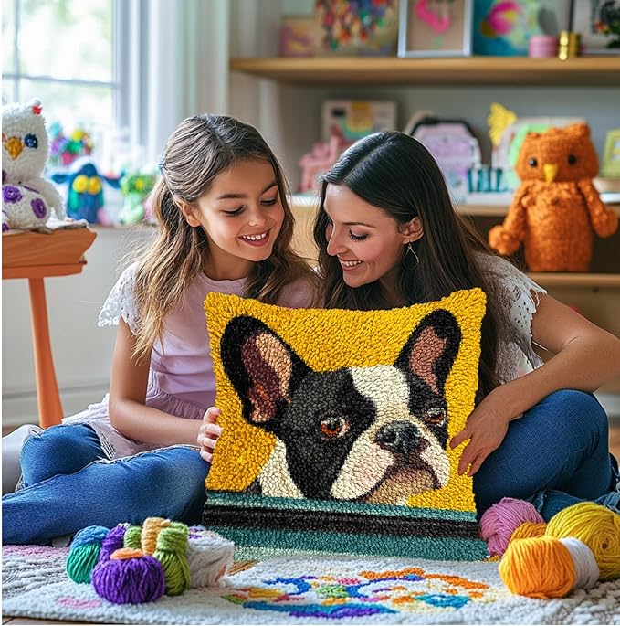 DIY Latch Hook Pillow Kits for Adults Cute Boston Terrier Dog in Car Printed Pillowcase Crochet Yarns Hooking Handmade Pillow Cover Cushion for Home Sofa Decoration 17x17inch(3)
