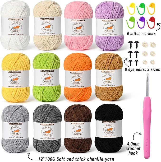 12 Skeins Fluffy Chenille Yarn for Crocheting, Soft Bulky Velvet Yarn for Knitting, Plush Baby Blanket Crochet Yarn, 1572 Yards Multicolor Amigurumi Yarns for Crafts Set D