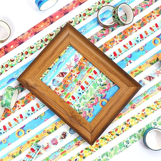 Summer Washi Tape Set,12 Rolls Hawaii Beach Holiday Decorative Tape Flamingo Tropical Leaves Coconut Watermelon Pineapple Masking Tape for Journaling Supplies, Gift Wrapping, DIY Art&Crafts