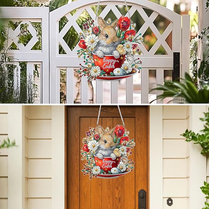 MXJSUA Diamond Art Hanging Kits for Adults Beginners, Acrylic 5D Special Shaped Crystal Diamond Gem Art Painting Hanging Ornament for Home Wall Decor and Gift (Easter Bunny)