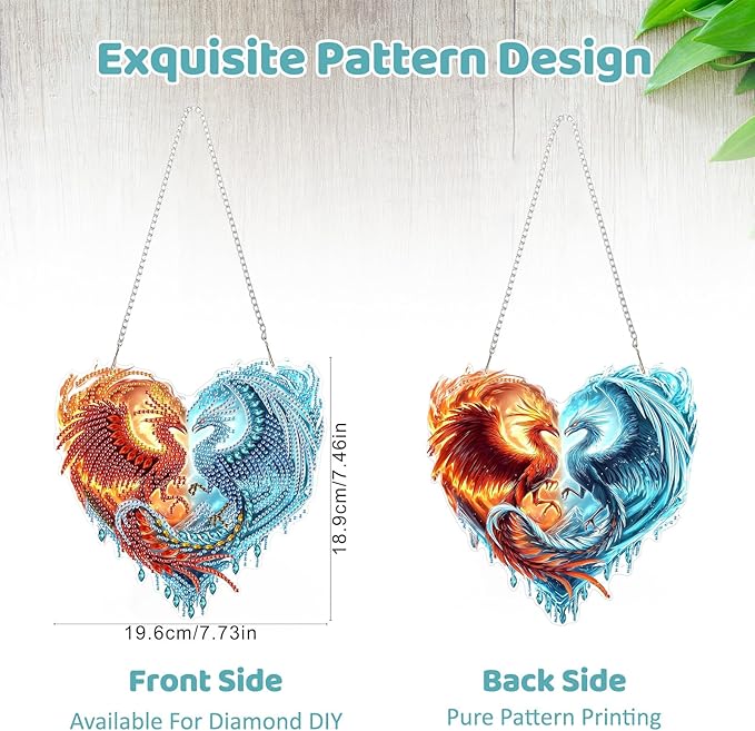 MEIYUDA Phoenix Diamond Art Hanging Kits for Adult, Ice Fire Phoenix Diamond Painting Hanging Kits Ornaments, DIY Special Shaped Rhinestone Window Pendants Kit for Home Garden Wall Decor Gift