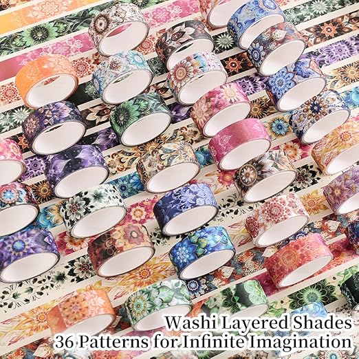 36 Rolls Datura Theme Washi Tape Set with Different Colorful Patterns, Writable Decorative Tapes for Scrapbooking, Junk Journal Supplies, Bullet Journaling, 0.45'' x 90'' per Roll