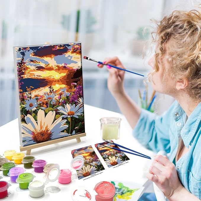 ATDMS Paint by Numbers Kit for Adults with Frame Landscape Paint by Number with Easel DIY Flowers Adult Paint by Number Kits Sunset Paint by Numbers Kit on Canvas for Gift Home Wall Decor 8x12 Inch