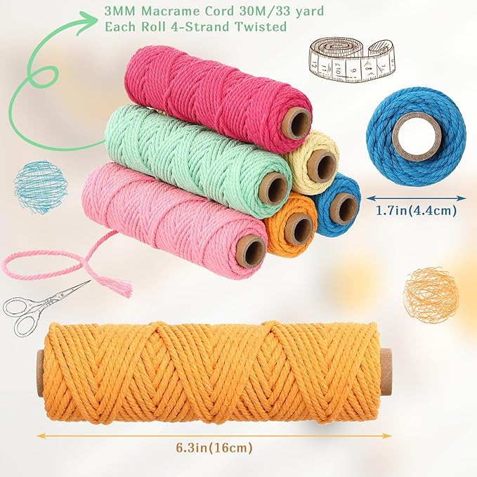 18 Rolls Macrame Cord 3mm x 594 Yards – Natural Colored Macrame Cotton Cord Rope Kit, 4 Strand Twisted Color Variety Yarn String for Wall Hanger, Plant Hanging, DIY Knitting, Macrame Supplies