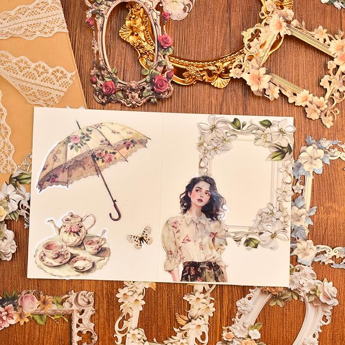 60 Vintage Craft Paper Frames for Scrapbook, Flower Window Decorative Craft Paper Frame for Junk Journaling, Vintage Scrapbook Supplies Card Making kit, Frames Decorative Paper