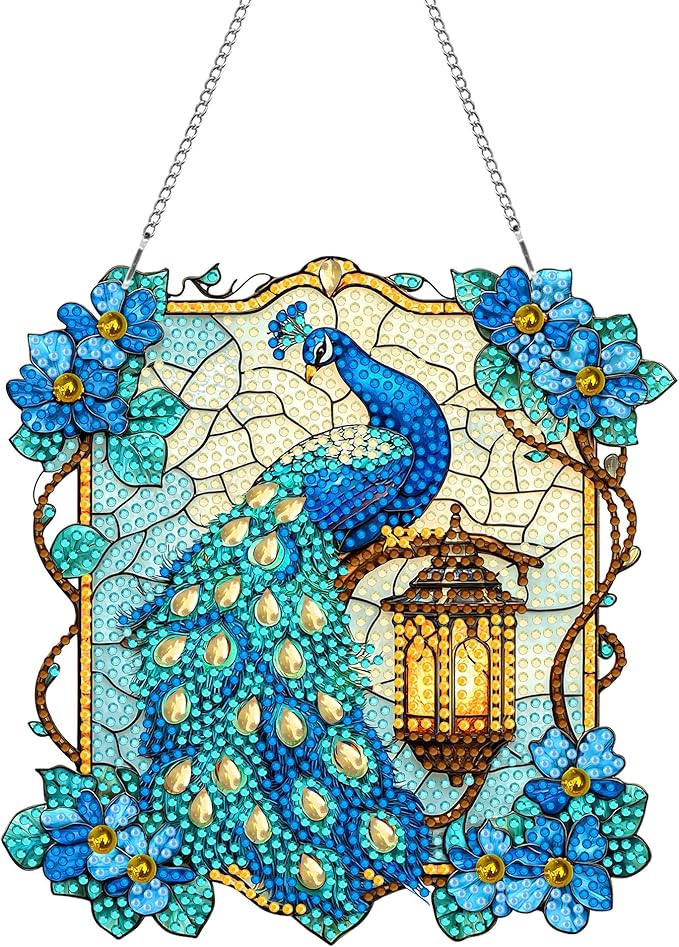 Pavemlo Hanging Diamond Art Kits for Adults Peacock Animal – 8x8 Inch Double-Sided Acrylic Board DIY Crystal Diamond Suncatcher Pendant, Sparkling Home Wall or Window Decoration Handmade Gift