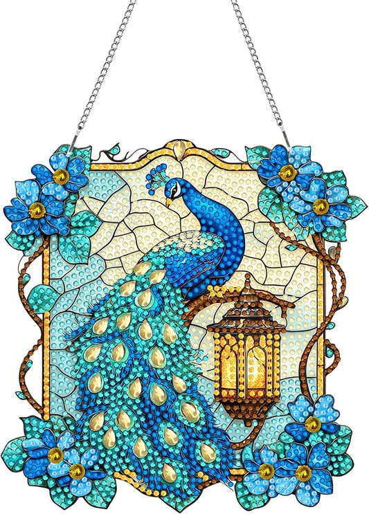 Pavemlo Hanging Diamond Art Kits for Adults Peacock Animal – 8x8 Inch Double-Sided Acrylic Board DIY Crystal Diamond Suncatcher Pendant, Sparkling Home Wall or Window Decoration Handmade Gift
