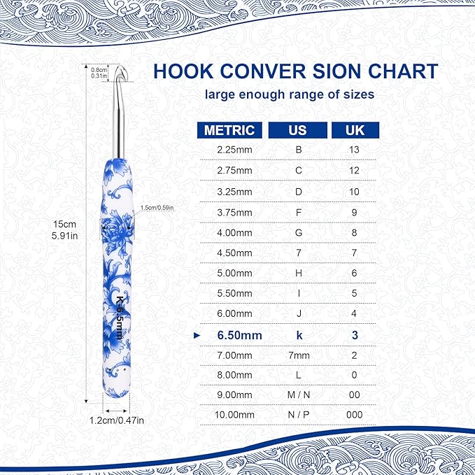 BCMRUN 6.5 mm(K) Large Crochet Hook, Ergonomic Grip Soft Handles Crochet Hook for Arthritic Hands, Extra Long  Knitting Needles for Beginners and Crocheting Yarn (6.5mm-K)