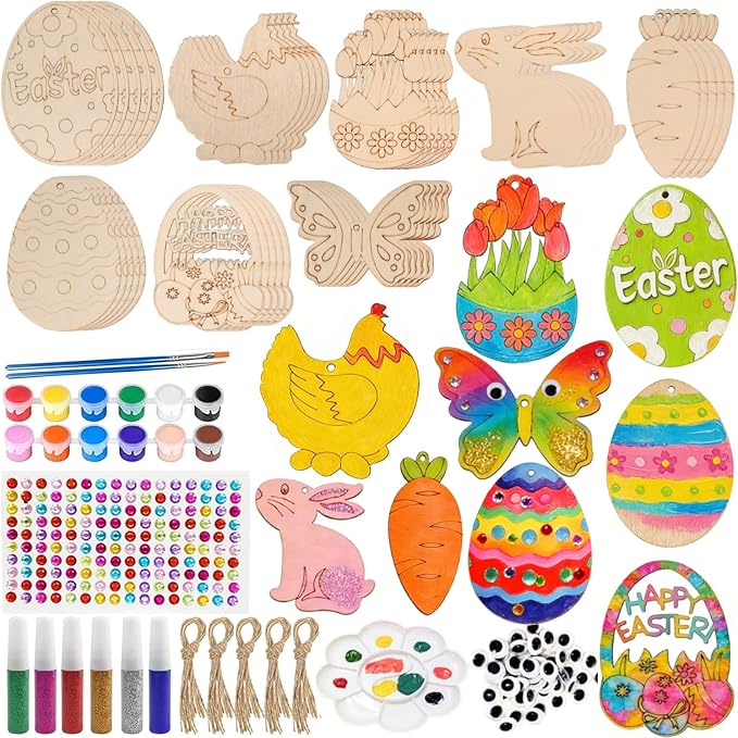 KITRDOOR Easter Wooden Painting Craft Kit, 40Pcs Unfinished Easter Wooden Ornaments, DIY Wood Cutouts Egg Bunny Chick Tulip Ornaments Craft Kits for Adults Spring Party Hanging Decorations