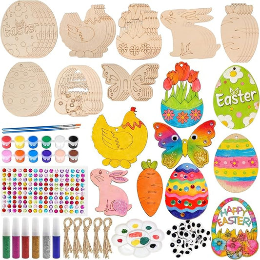 KITRDOOR Easter Wooden Painting Craft Kit, 40Pcs Unfinished Easter Wooden Ornaments, DIY Wood Cutouts Egg Bunny Chick Tulip Ornaments Craft Kits for Adults Spring Party Hanging Decorations