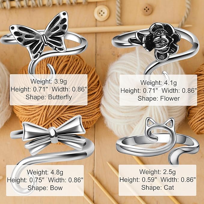 8 PCS Crochet Rings Sunflower Crown Cat Dog Butterfly Four-Leaf Clover Adjustable Yarn Tension Ring Knitting Tools Supplies Crochet Gifts for Crocheters