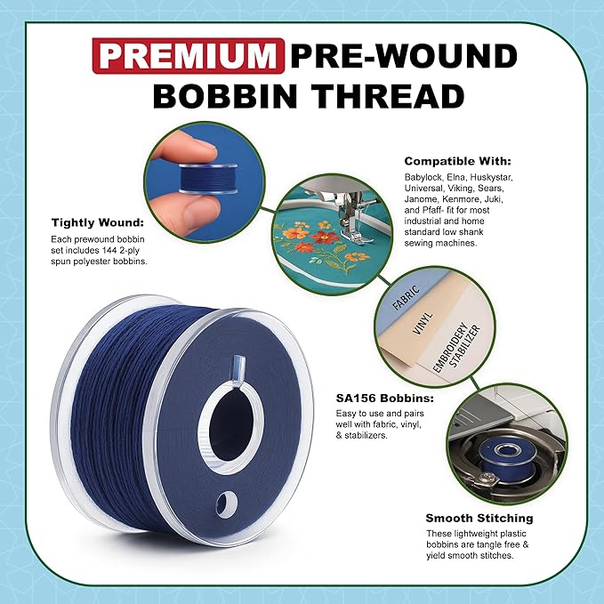 Mandala Crafts 144 Navy Blue SA156 Prewound Bobbins for Singer Sewing Machine -15J SA156 Prefilled Bobbin Thread for Brother Sewing Machine and Embroidery