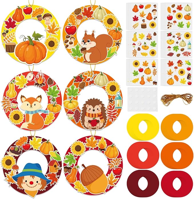 36 Sets Fall Animal Wreath Craft Kits DIY Autumn Scarecrow Pumpkins Paper Wreath Hanging Ornaments Make Your Own Thanksgiving Paper Art Craft with Stickers for School Home Party Decor Activities