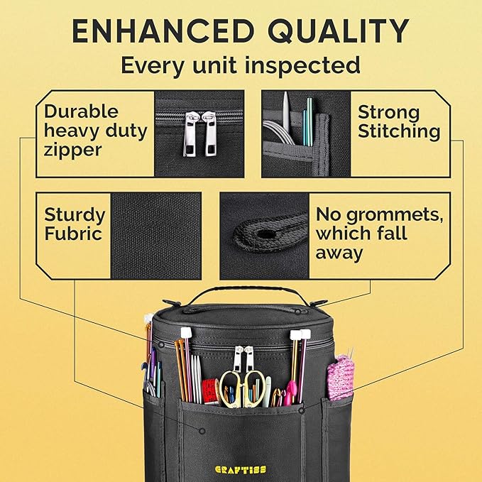 CRAFTISS Knitting Bag Yarn Storage - Crocheters Gift - Durable Canvas Yarn Holder for Crochet Accessories - Organizer Crochet Bag with Knitting Accessories Case (Black)