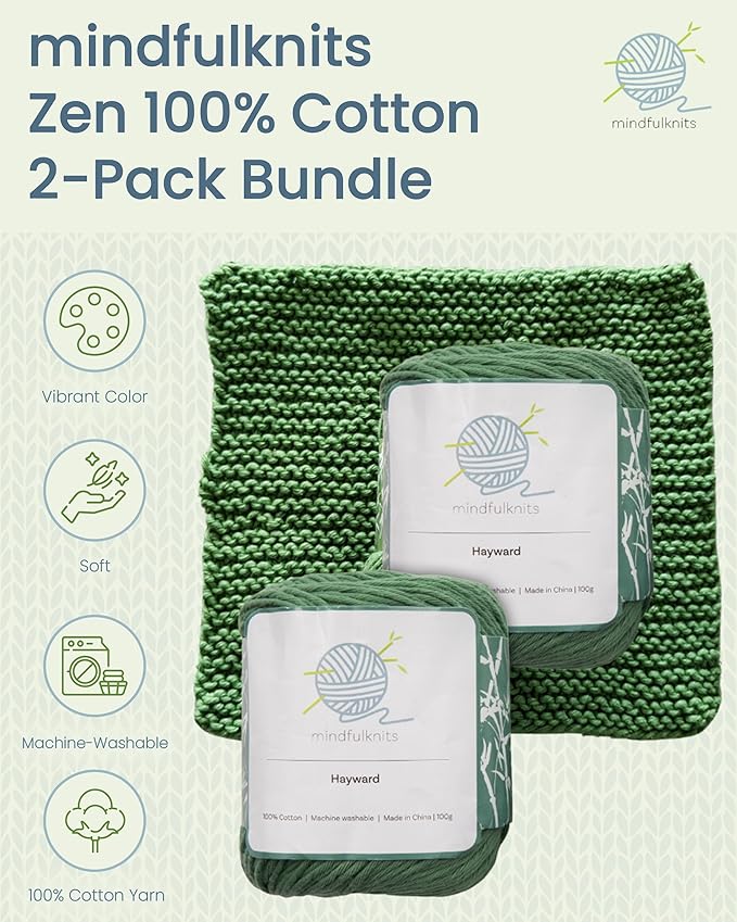 mindfulknits - Knitting Yarn - Mindfulness & Relaxation - 100% Cotton Yarn - Single Color 2-Pack - Medium Number 4 Worsted Bundle - Soft & Gentle for Baby Items, Garments - Amigurumi