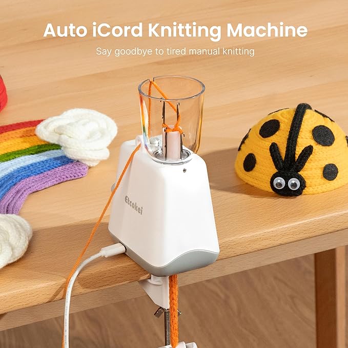 Etcokei Automatic i-Cord Knitting Machine, Electric iCord Maker Tool, i-Cord Knitter Crochet Machine, Knitting Yarns to i-Cords Efficiently, Hands-Free Yarn Knitter for DIY Crochet Knitting Projects
