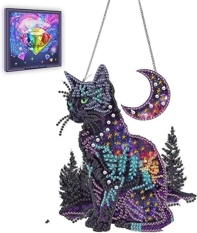 Ginfonr Diamond Painting Kits Hanging Pendant, Black Cat Diamond Art Kits for Adults, Special Shaped Rhinestone Animals Diamond Art, Double Sided Home Hanging Kits for Garden Wall Window (8 x 8inch)