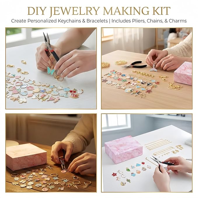 XJlSGXUSG 490Pcs Gold-Tone Charm Bracelet Making Kit – DIY Jewelry Arts & Crafts Gift Box with 126 Enamel Pendants, Pliers, Chains – Unique Birthday Gift Ideas for Teen Girls & Women